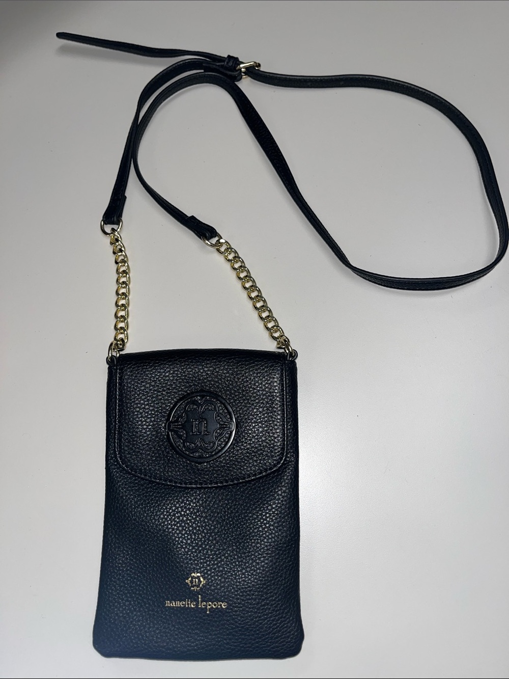 Nanette Lepore Black Pebbled Faux Leather Crossbody Phone Pouch with Gold Chain